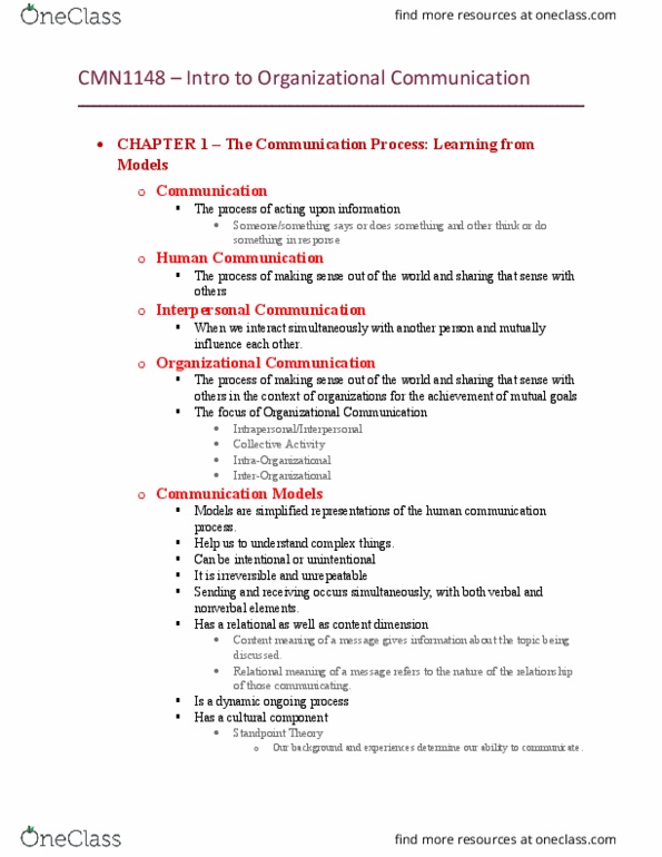 CMN 1148 Lecture Notes - Lecture 1: Organizational Communication thumbnail