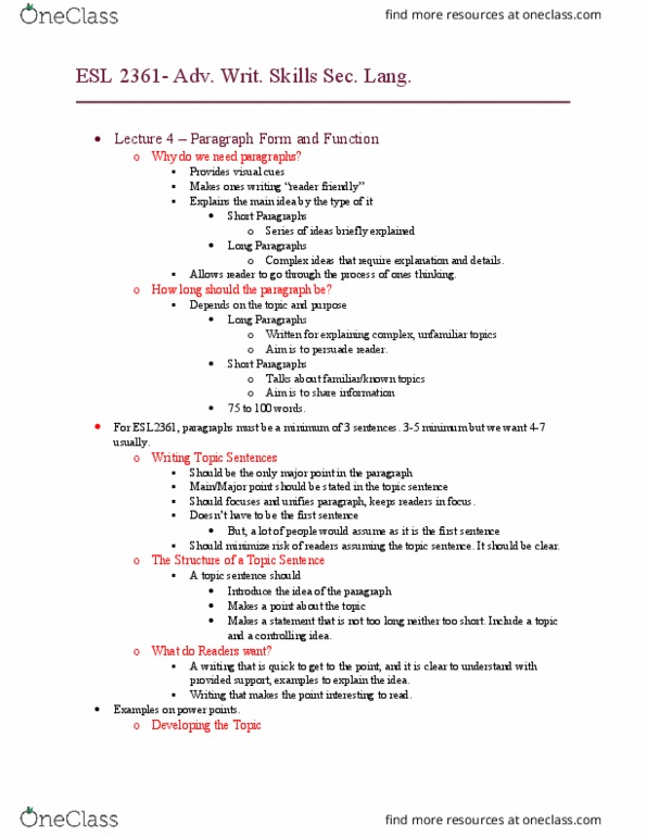 ESL 2361 Lecture 4: Paragraph Form and Function thumbnail