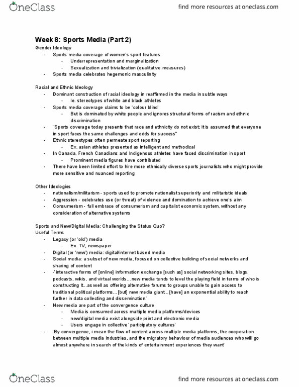 SOCIOL 2T03 Lecture Notes - Lecture 8: Sport Tv, Old Media, Hegemonic Masculinity thumbnail