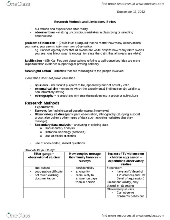 SOCIOL 1A06 Lecture Notes - Karl Popper, Historical Sociology, Longitudinal Study thumbnail