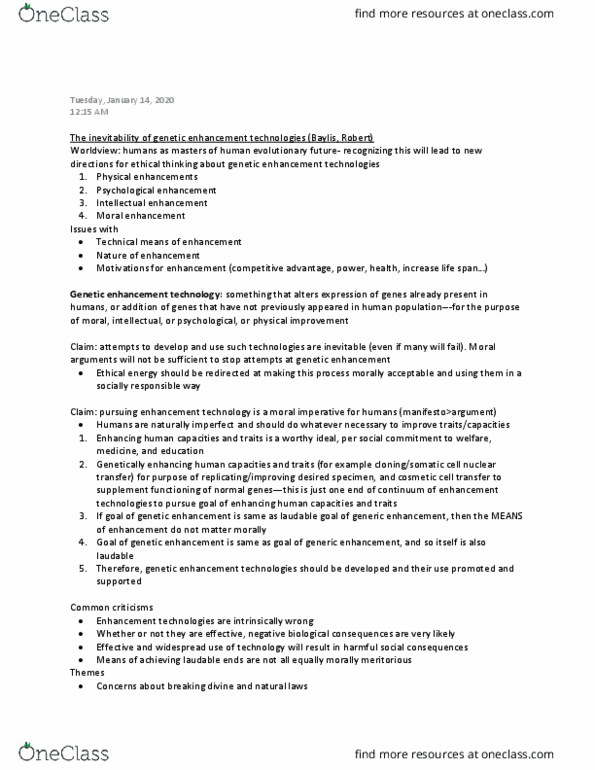 PHL384H1 Chapter Notes - Chapter Baylis: Human Enhancement, Gene Therapy, Nuclear Transfer thumbnail