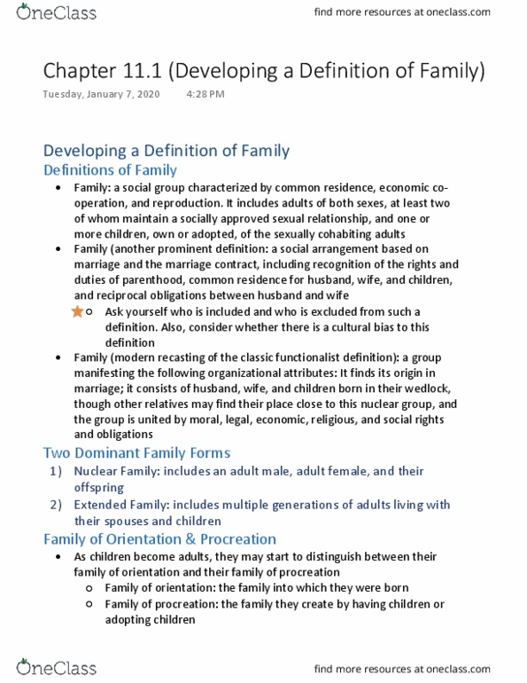 SOCA03Y3 Chapter Notes - Chapter 11.1: Nuclear Family, Ideal Type thumbnail