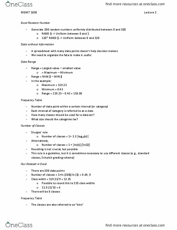 MGMT 1050 Lecture Notes - Lecture 2: Frequency Distribution, Bar Chart, Level Of Measurement thumbnail