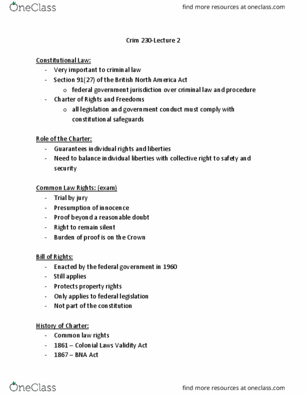 CRIM 230 Lecture Notes - Lecture 2: Colonial Laws Validity Act 1865, Jury Trial, Fundamental Justice thumbnail