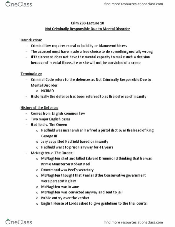 CRIM 230 Lecture Notes - Lecture 10: Edward Drummond, Mental Disorder, Irresistible Impulse thumbnail