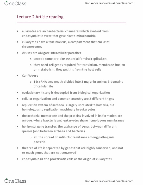 Biology 2581B Chapter Notes - Chapter Lecture 2: Intracellular Parasite, Carl Woese, 16S Ribosomal Rna thumbnail