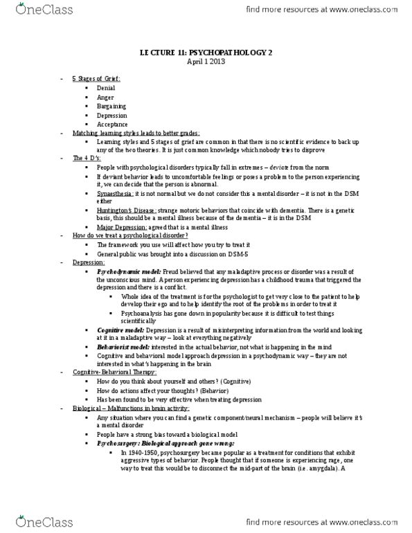 PSYCH 1XX3 Lecture Notes - Lecture 11: Mental Disorder, Unconscious Mind, Cognitive Model thumbnail