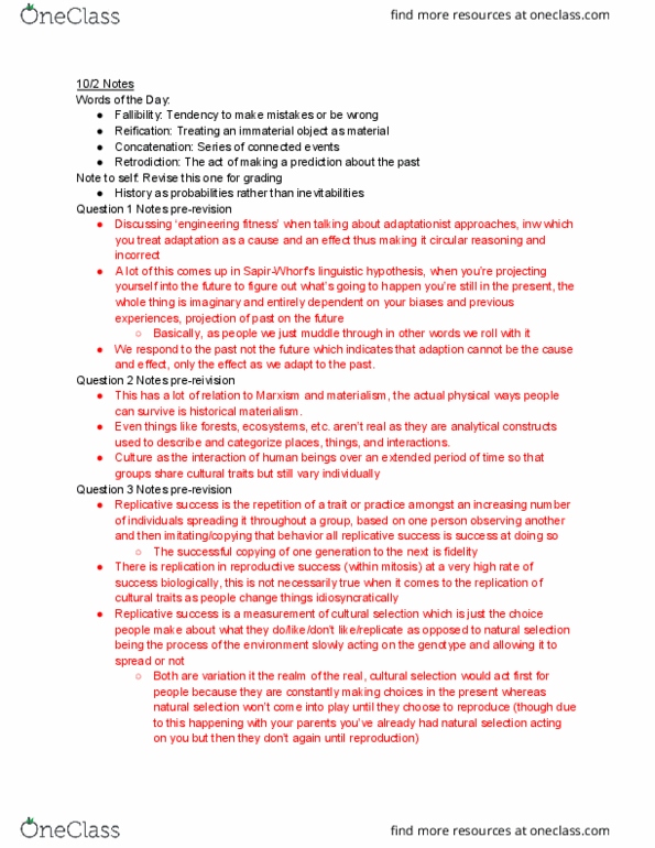 ANTH 410 Lecture Notes - Lecture 6: Retrodiction, Adaptationism, Concatenation thumbnail