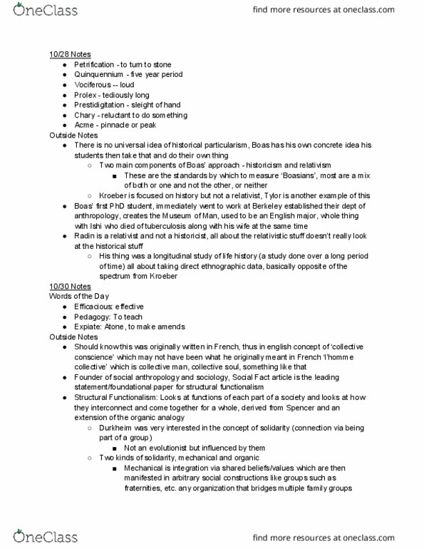 ANTH 410 Lecture Notes - Lecture 10: Historical Particularism, Social Anthropology, Structural Functionalism thumbnail