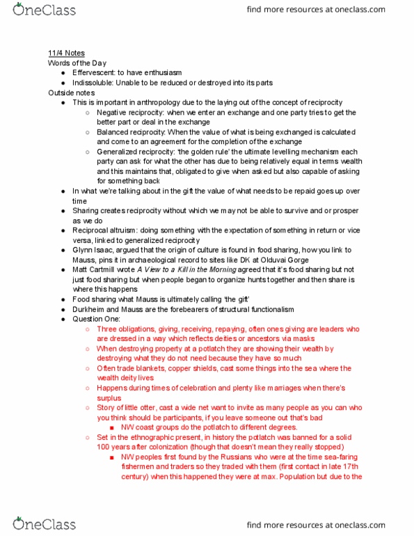 ANTH 410 Lecture Notes - Lecture 11: Glynn Isaac, Olduvai Gorge, Reciprocal Altruism thumbnail