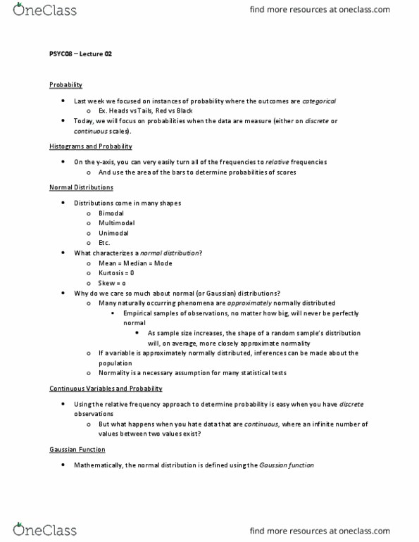 PSYC08H3 Lecture Notes - Lecture 2: Gaussian Function, Kurtosis, Unimodality thumbnail