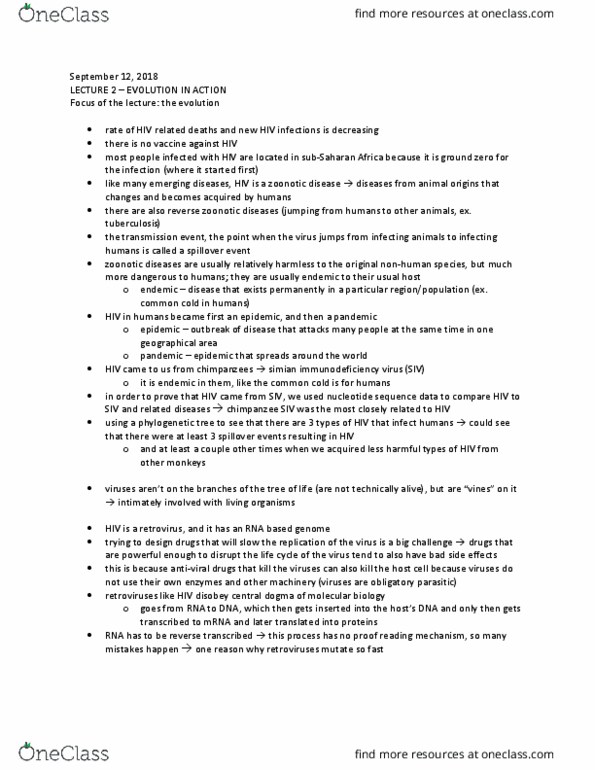 Biology 1001A Lecture Notes - Lecture 2: Zoonosis, Reverse Transcriptase, Sub-Saharan Africa thumbnail