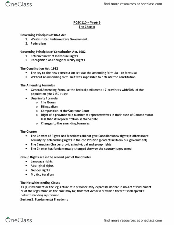 POSC 110 Lecture Notes - Lecture 9: Constitution Act, 1982, Section 33 Of The Canadian Charter Of Rights And Freedoms, Patriation thumbnail
