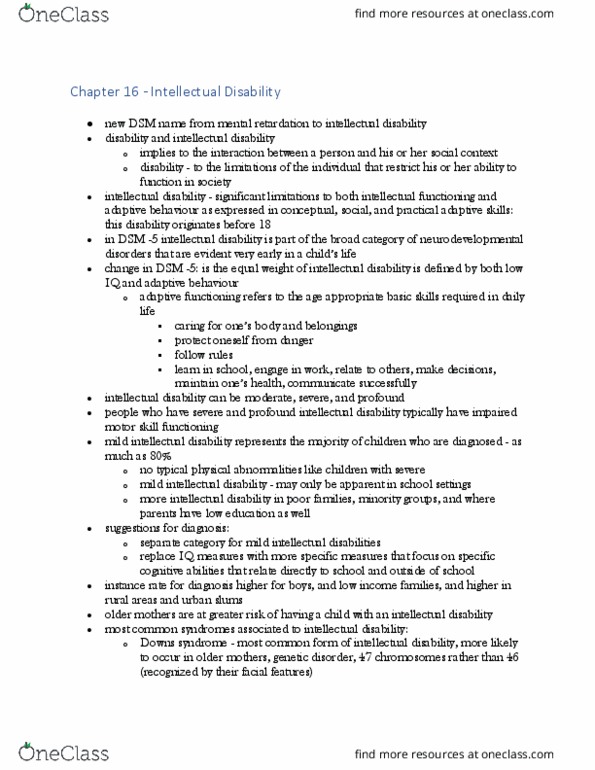 PSY 4105 Chapter Notes - Chapter 16: Intellectual Disability, Motor Skill, Genetic Disorder thumbnail