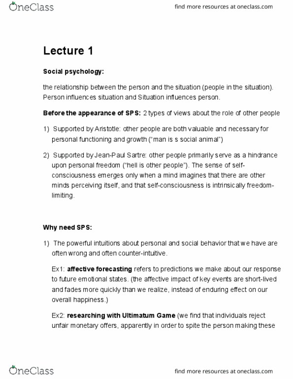 PSY220H1 Lecture Notes - Lecture 1: Ultimatum Game, Jean-Paul Sartre, Social Animal thumbnail