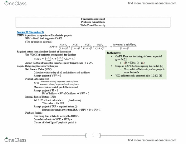 FIN 2650 Lecture Notes - Lecture 29: Net Present Value thumbnail