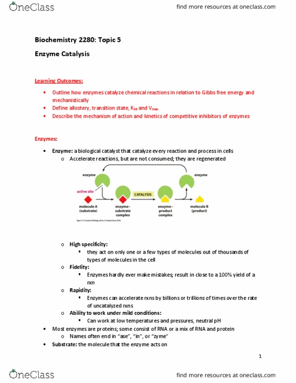 Biochemistry 2280A Lecture Notes - Lecture 5: Enzyme Catalysis, Enzyme Kinetics, Allosteric Regulation thumbnail