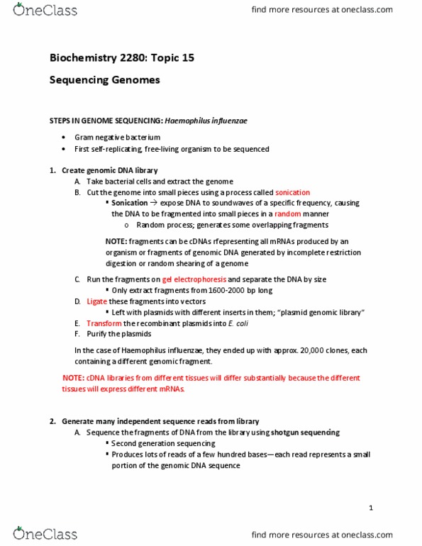 Biochemistry 2280A Lecture Notes - Lecture 15: Genomic Library, Shotgun Sequencing, Restriction Digest thumbnail