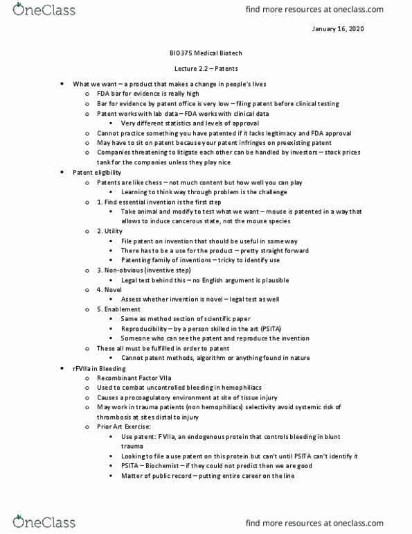 BIO375H5 Lecture Notes - Lecture 2: Recombinant Factor Viia, Blunt Trauma, Patent Office thumbnail