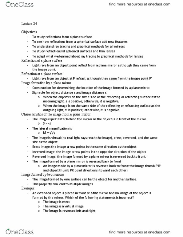 PHY 2020 Lecture Notes - Lecture 24: Plane Mirror, Curved Mirror, Virtual Image thumbnail