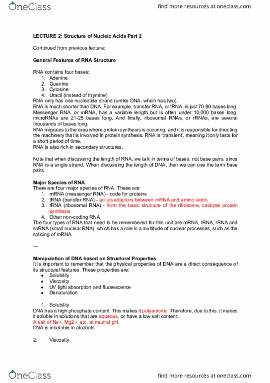 BMS1062 Lecture Notes - Lecture 2: Small Nuclear Rna, Non-Coding Rna, Messenger Rna thumbnail