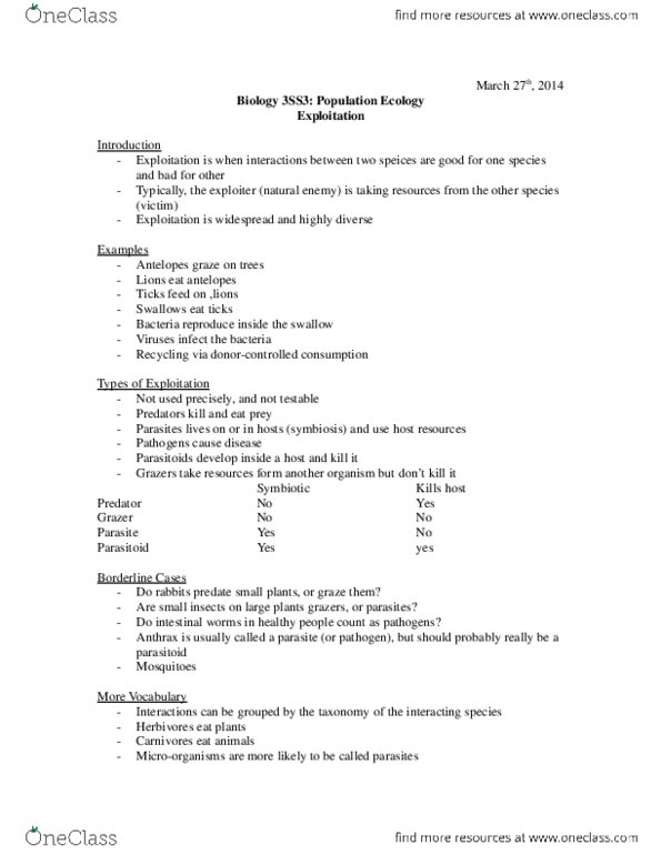 BIOLOGY 3SS3 Lecture Notes - Parasitoid thumbnail