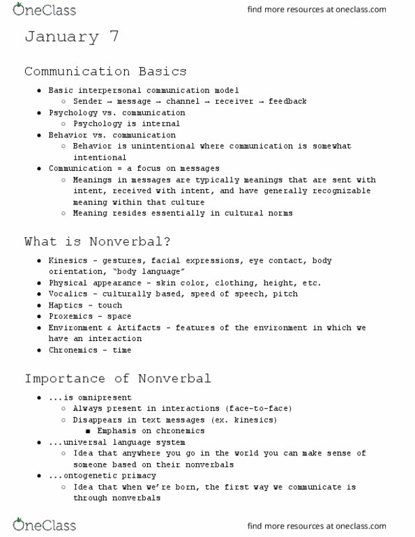 COMM 111 Lecture Notes - Lecture 1: Chronemics, Nonverbal Communication, Kinesics thumbnail