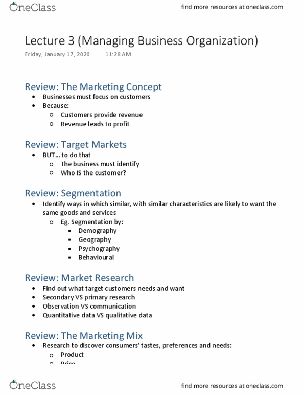 MGTA02H3 Lecture Notes - Lecture 3: Automatic Writing, Customer Relationship Management, Marketing Mix thumbnail