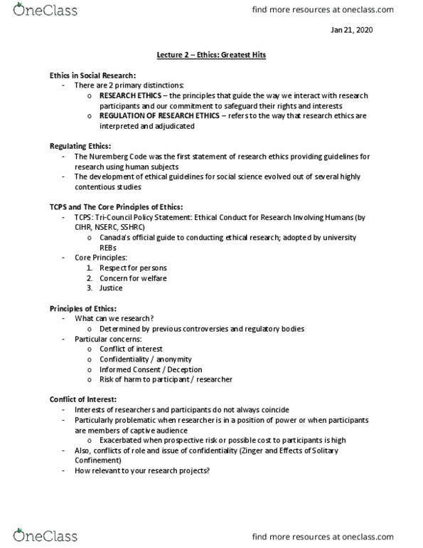 CRIM 321 Lecture Notes - Lecture 2: Nuremberg Code, Natural Sciences And Engineering Research Council, Laud Humphreys thumbnail