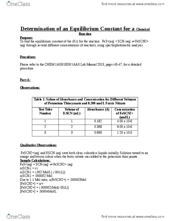 CHEM 1AA3 Lecture Notes - Equilibrium Constant, Potassium Thiocyanate, Thiocyanate thumbnail