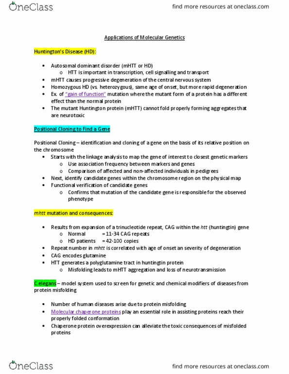 MCB 2050 Lecture Notes - Lecture 5: Polyglutamine Tract, Trinucleotide Repeat Disorder, Huntingtin thumbnail