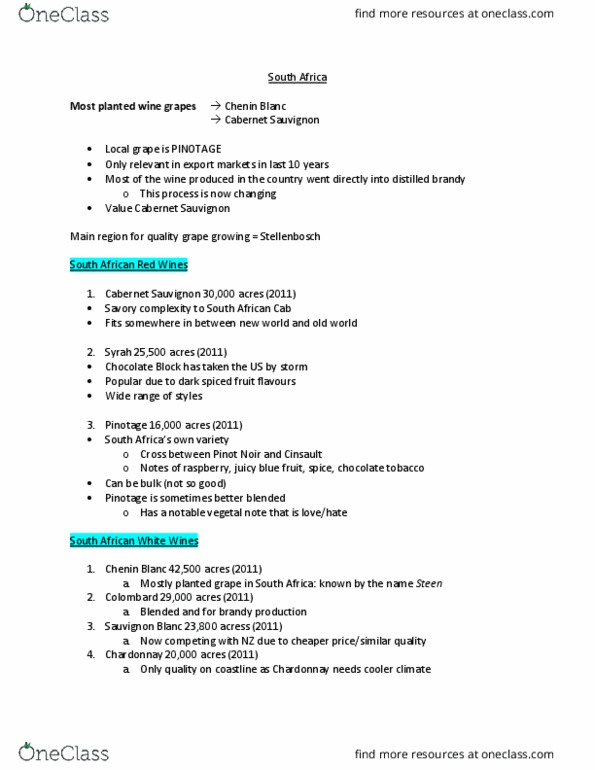 HTM 4050 Lecture Notes - Lecture 6: Cabernet Sauvignon, Sauvignon Blanc, Chenin Blanc thumbnail