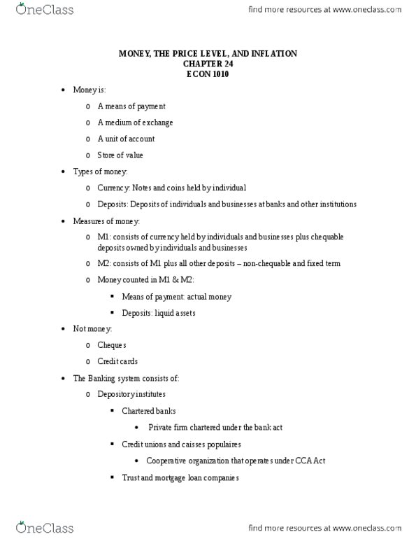 ECON 1010 Chapter Notes - Chapter 24: Open Market Operation, Bank Reserves, Monetary Base thumbnail