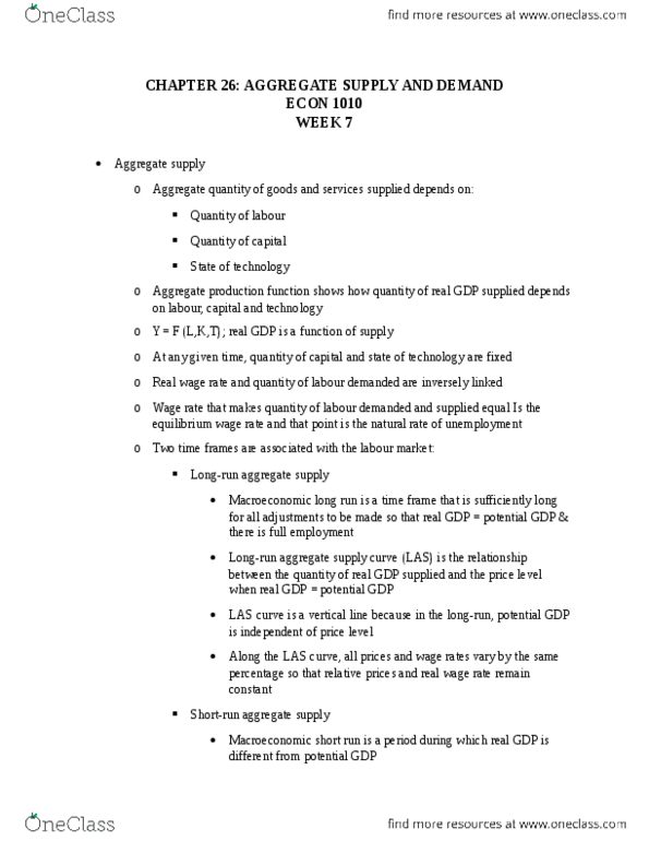 ECON 1010 Chapter Notes - Chapter 26: Real Wages, Aggregate Supply, Aggregate Demand thumbnail