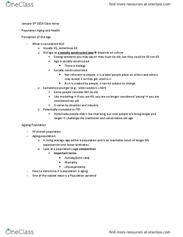 Health Sciences 2711A/B Lecture Notes - Lecture 1: Population Ageing, Population Pyramid, Old Kingdom Of Egypt thumbnail