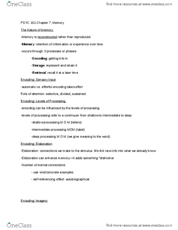 PSYC 101 Chapter Notes - Chapter 7: Echoic Memory, Sensory Memory, Encoding Specificity Principle thumbnail