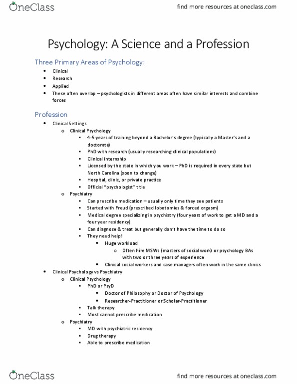 PSY 150 Lecture Notes - Lecture 1: Doctor Of Psychology, Medical Degree, Lobotomy thumbnail