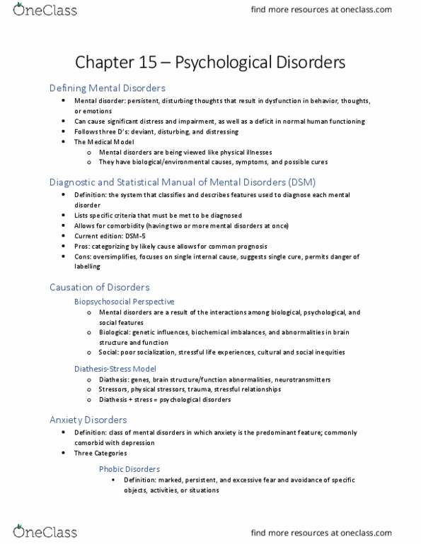 PSY 150 Lecture Notes - Lecture 12: Mental Disorder, Comorbidity, Dsm-5 thumbnail