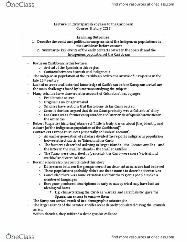 HISTORY 2CS3 Lecture Notes - Lecture 3: Bartolomé De Las Casas, Greater Antilles, Robert Paquette thumbnail