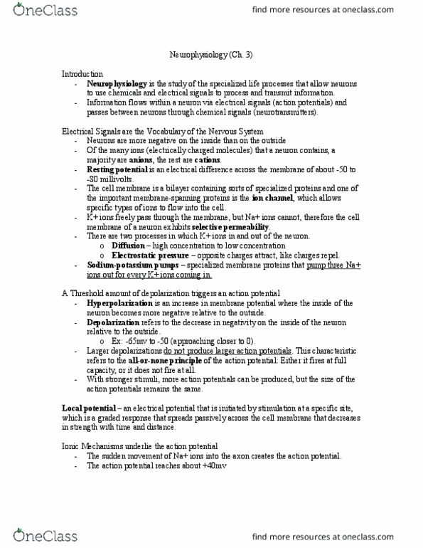 PSYC 2050U Chapter Notes - Chapter 3: Membrane Potential, Resting Potential, Action Potential thumbnail