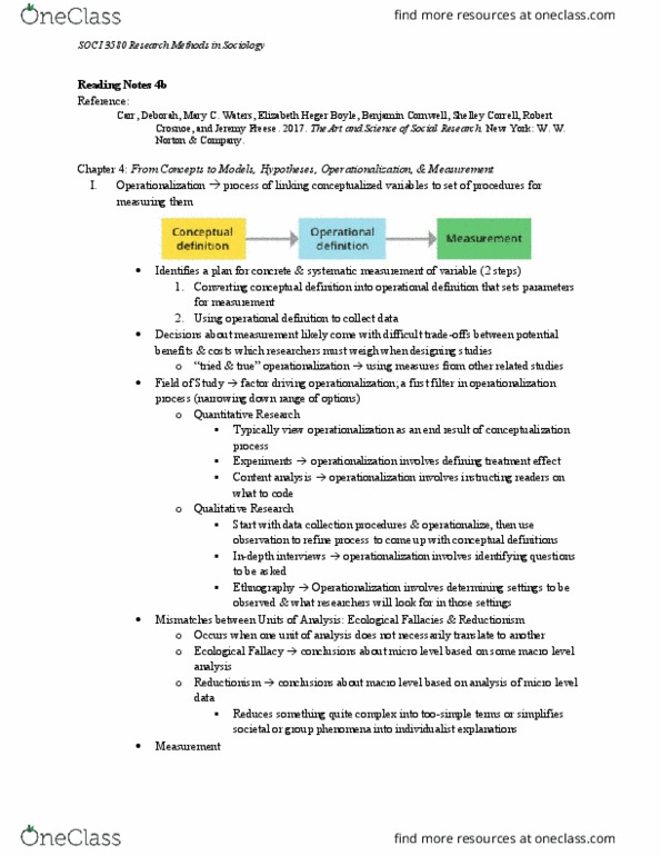SOCI 3580 Chapter Notes - Chapter 4: Theoretical Definition, Operationalization, Reductionism thumbnail