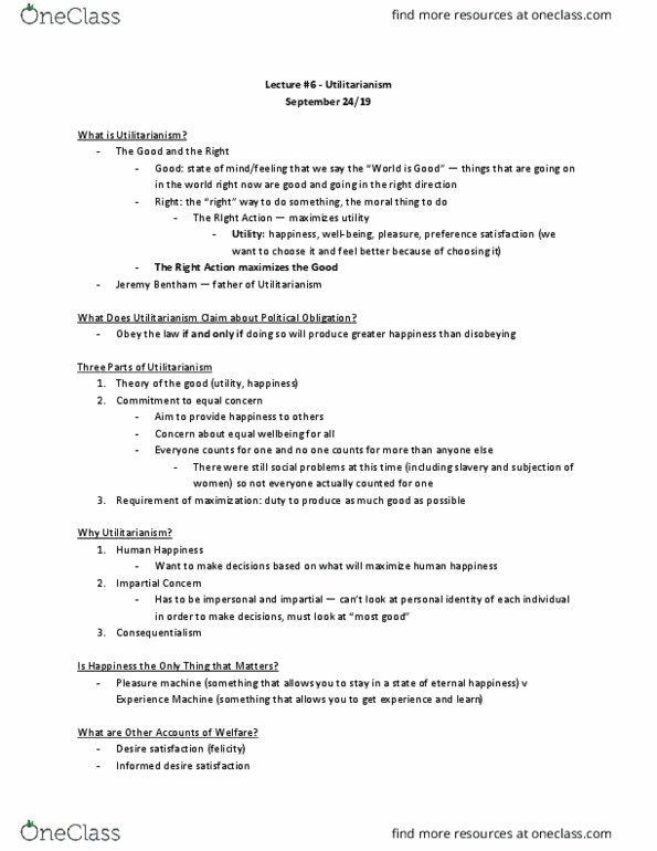 Political Science 1020E Lecture Notes - Lecture 6: Jeremy Bentham, Experience Machine, Consequentialism thumbnail