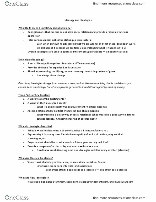 Political Science 1020E Lecture Notes - Lecture 14: Class Discrimination, False Consciousness, Environmentalism thumbnail