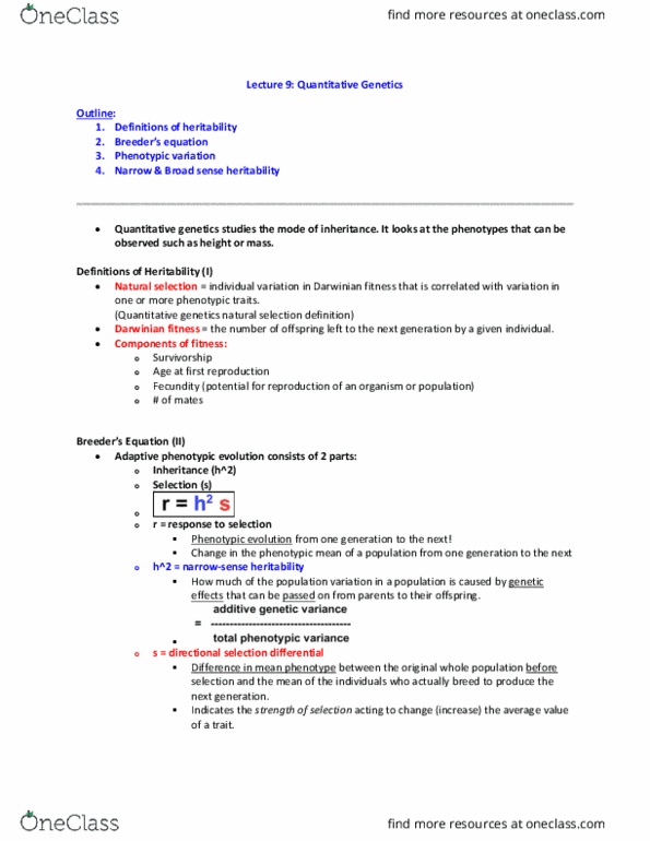 BIOL 105 Lecture Notes - Lecture 9: Quantitative Genetics, Directional Selection, Fecundity thumbnail