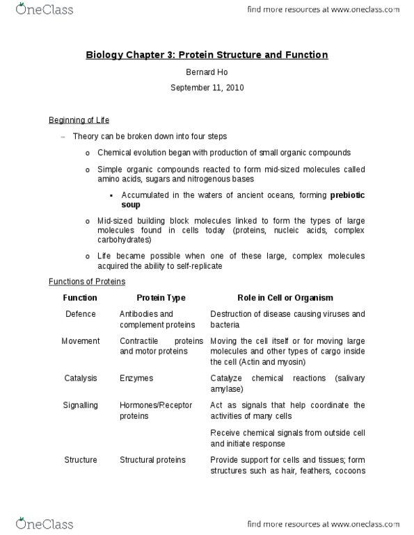BIOLOGY 1A03 Chapter Notes - Chapter 3: Peptide Bond, Hydrogen Bond, Carboxylic Acid thumbnail