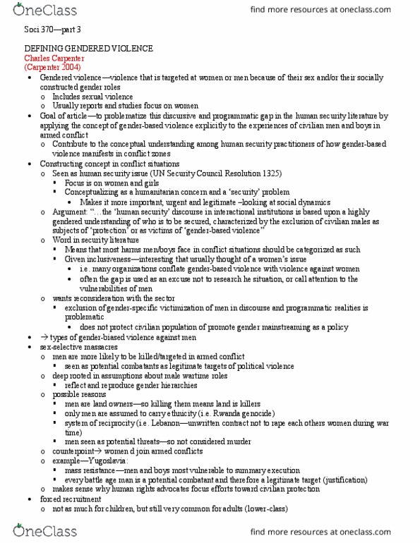 SOCI 370 Chapter Notes - Chapter EXAM 3 READING NOTES : United Nations Security Council Resolution 1325, Human Security, Gender Mainstreaming thumbnail