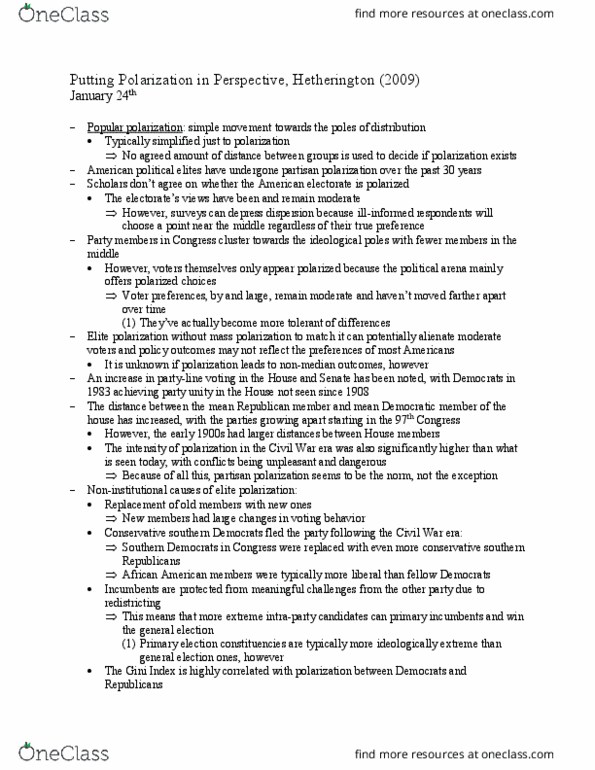 POLS 125 Chapter Notes - Chapter NA: Putting Polarization in Perspective: Southern Democrats, Gini Coefficient, Primary Election thumbnail