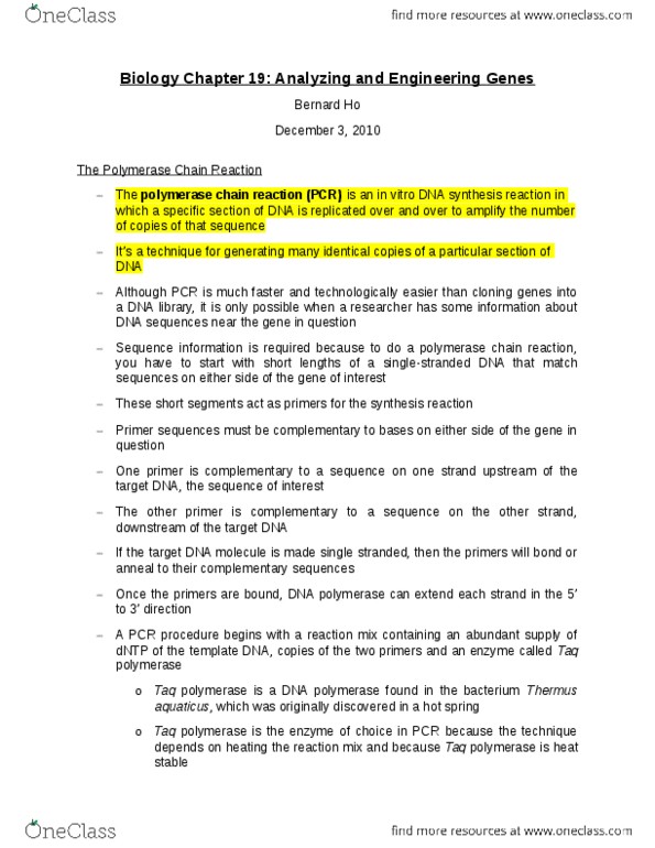 BIOLOGY 1A03 Lecture Notes - Polymerase Chain Reaction, Thermus Aquaticus, Complementary Dna thumbnail