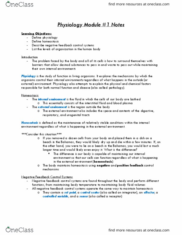 Physiology 2130 Lecture Notes - Lecture 1: Extracellular Fluid, Negative Feedback, Body Fluid thumbnail