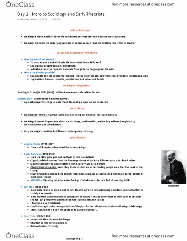 SOC 101 Lecture Notes - Lecture 1: Auguste Comte, Contemporary Sociology, Anomie thumbnail